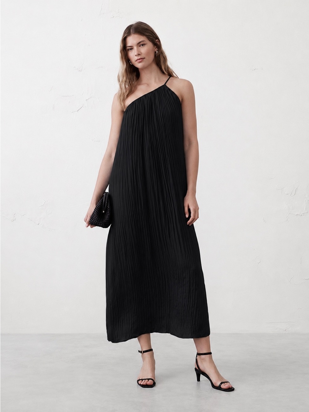 Banana Republic Black One-Shoulder Pleated Maxi Dress